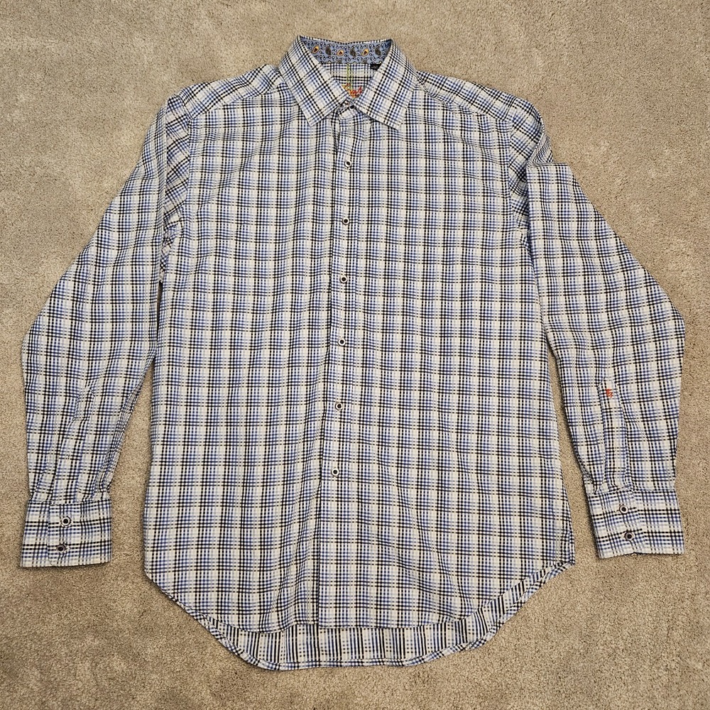 Robert Graham Men's L Blue Plaid Check Long Sleeve Button Up Shirt Paisley‎ Trim